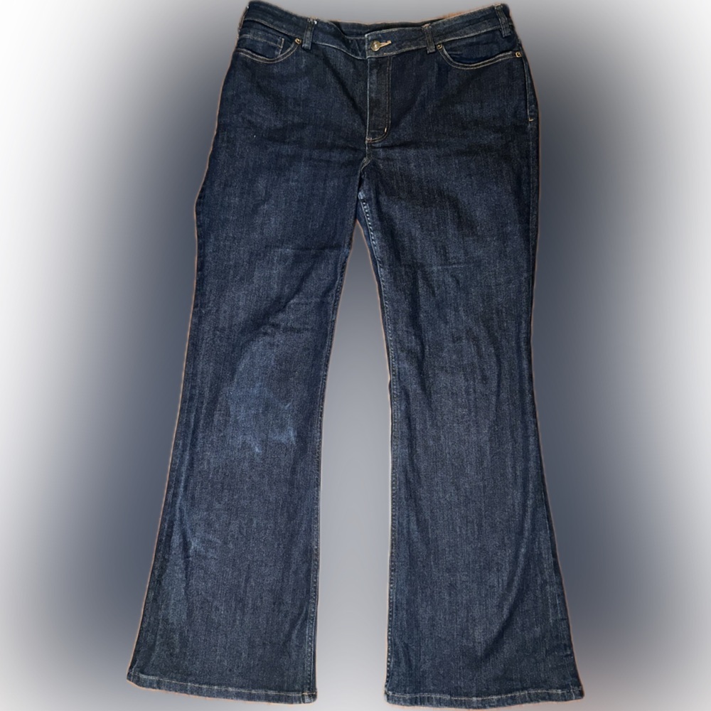 Duluth Trading Co Double Flex Fence Mender Dark Wash Flare Leg Work Jeans 16L